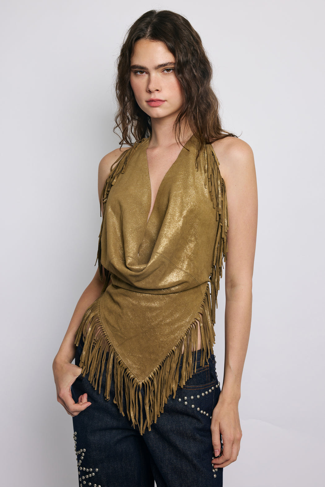 GOLD FOIL FRINGE HALTER TOP