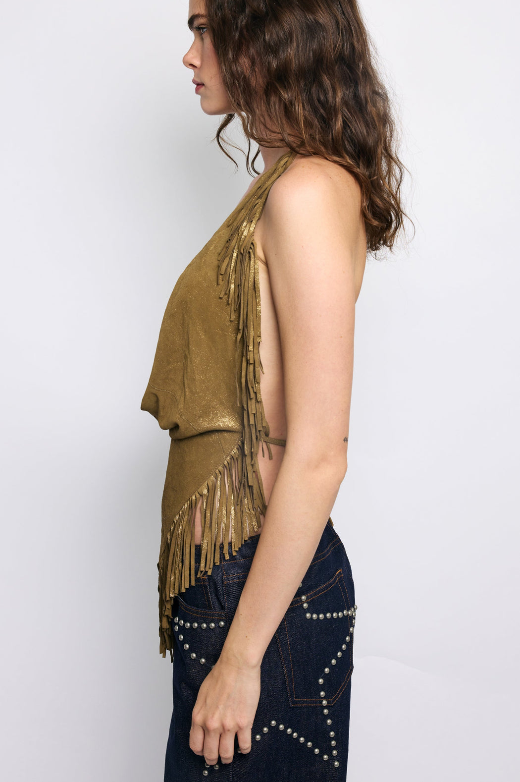 GOLD FOIL FRINGE HALTER TOP