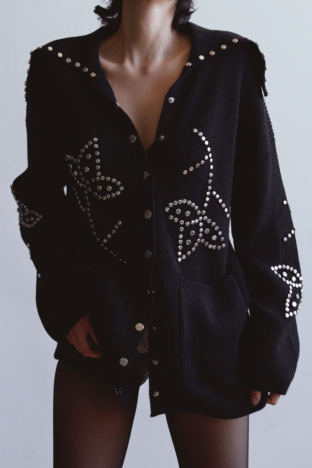 BLACK POSSIBILITIES STUDDED CARDIGAN
