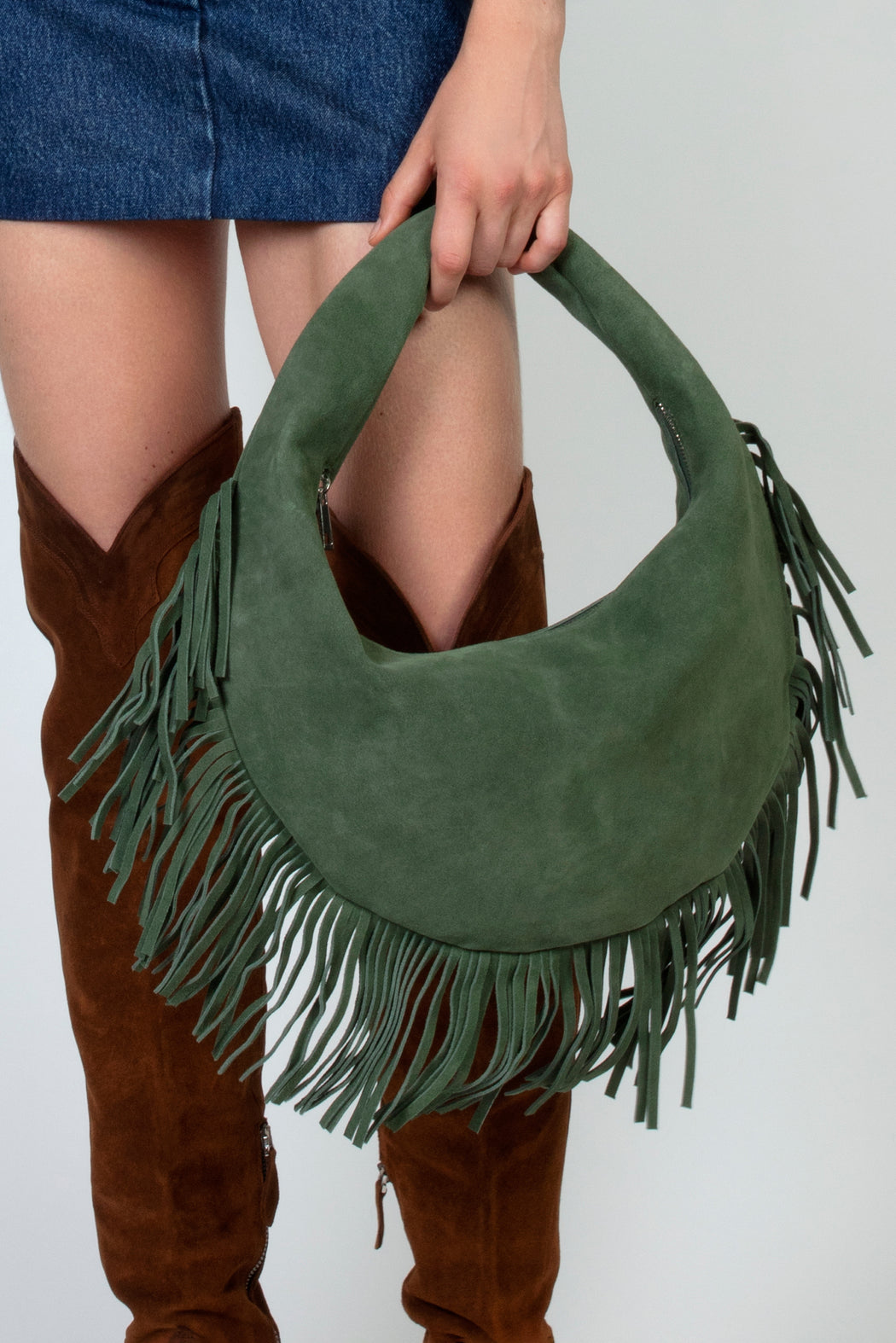 FRINGE SUEDE HOBO BAG IN MOSS