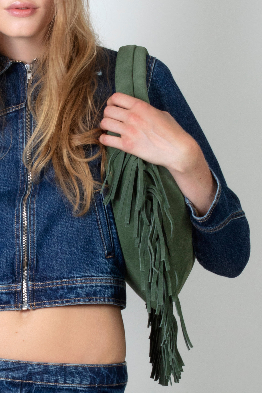 FRINGE SUEDE HOBO BAG IN MOSS
