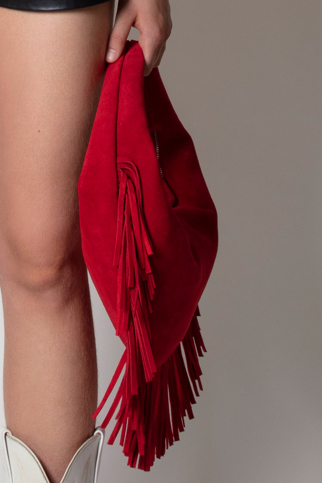 FRINGE SUEDE HOBO BAG IN RED