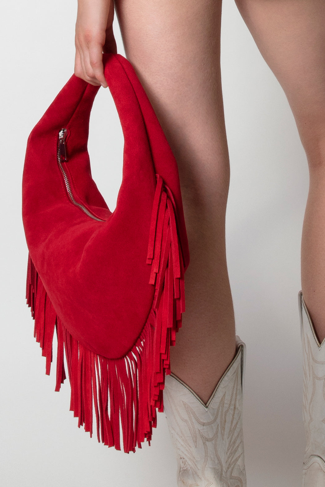 FRINGE SUEDE HOBO BAG IN RED