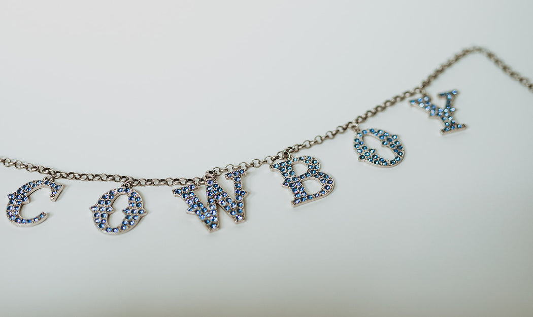 BLUE RHINESTONE COWBOY CHAIN BELT