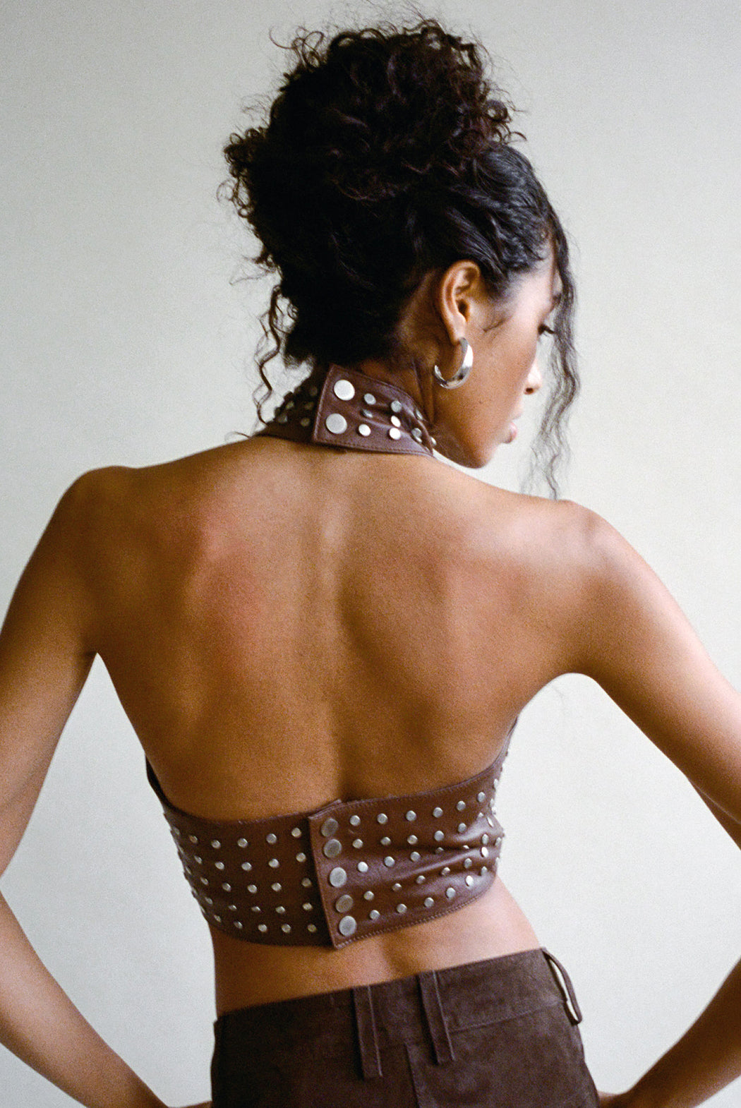 STUDDED LEATHER HALTER TOP