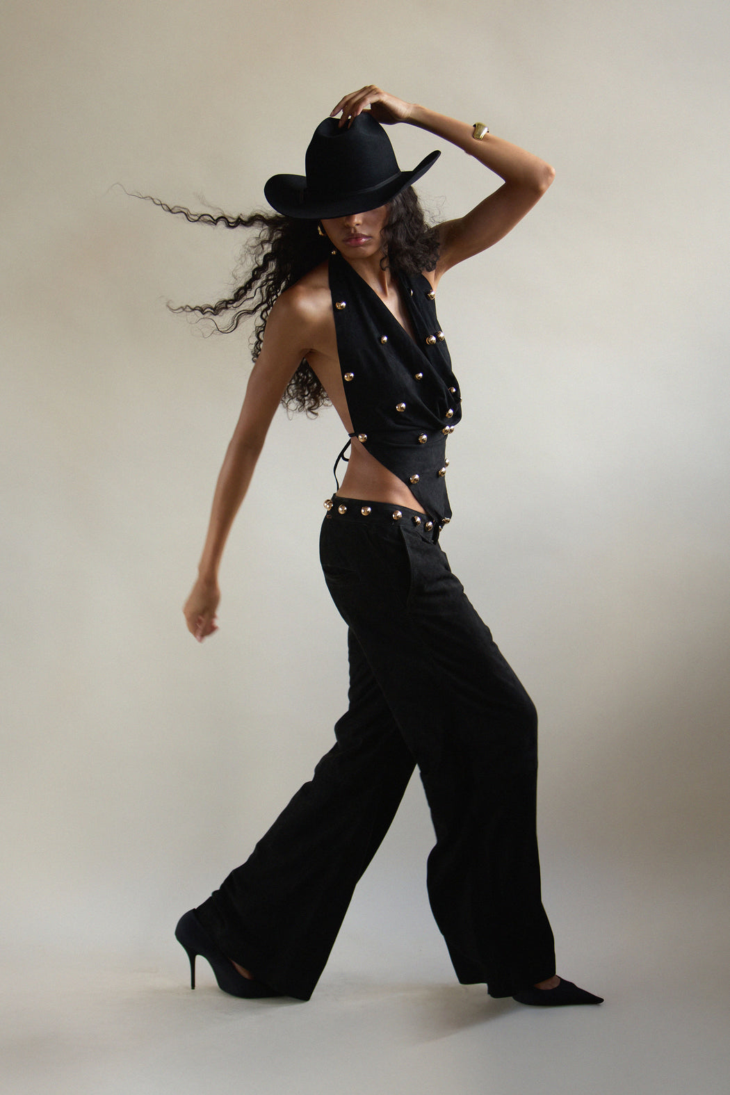 DOME STUDDED SUEDE PANTS
