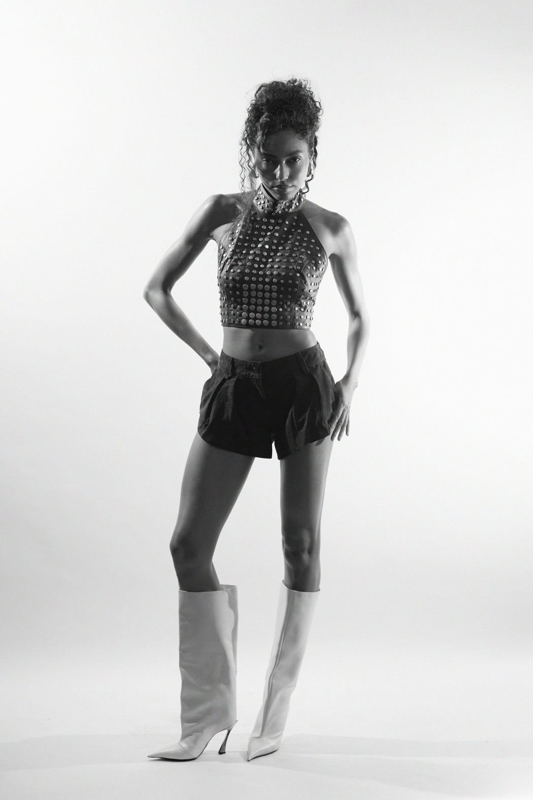 STUDDED LEATHER HALTER TOP