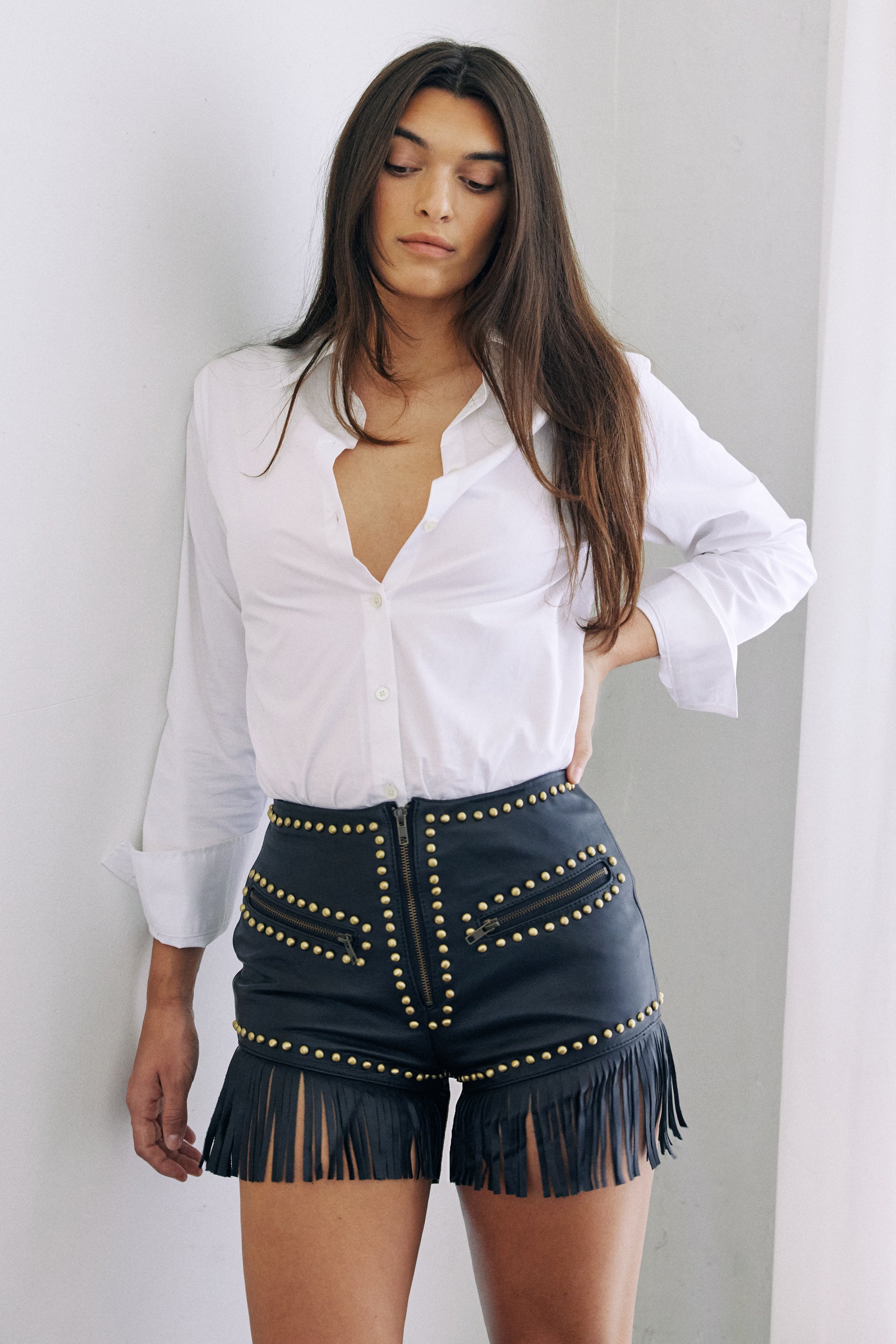 Country Gal ” Faux Leather Fringe Shorts ( Black ) – Ale