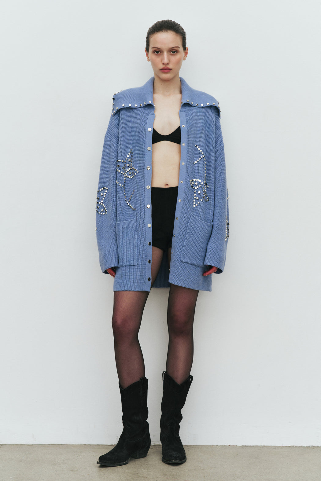 BLUE POSSIBILITIES STUDDED CARDIGAN