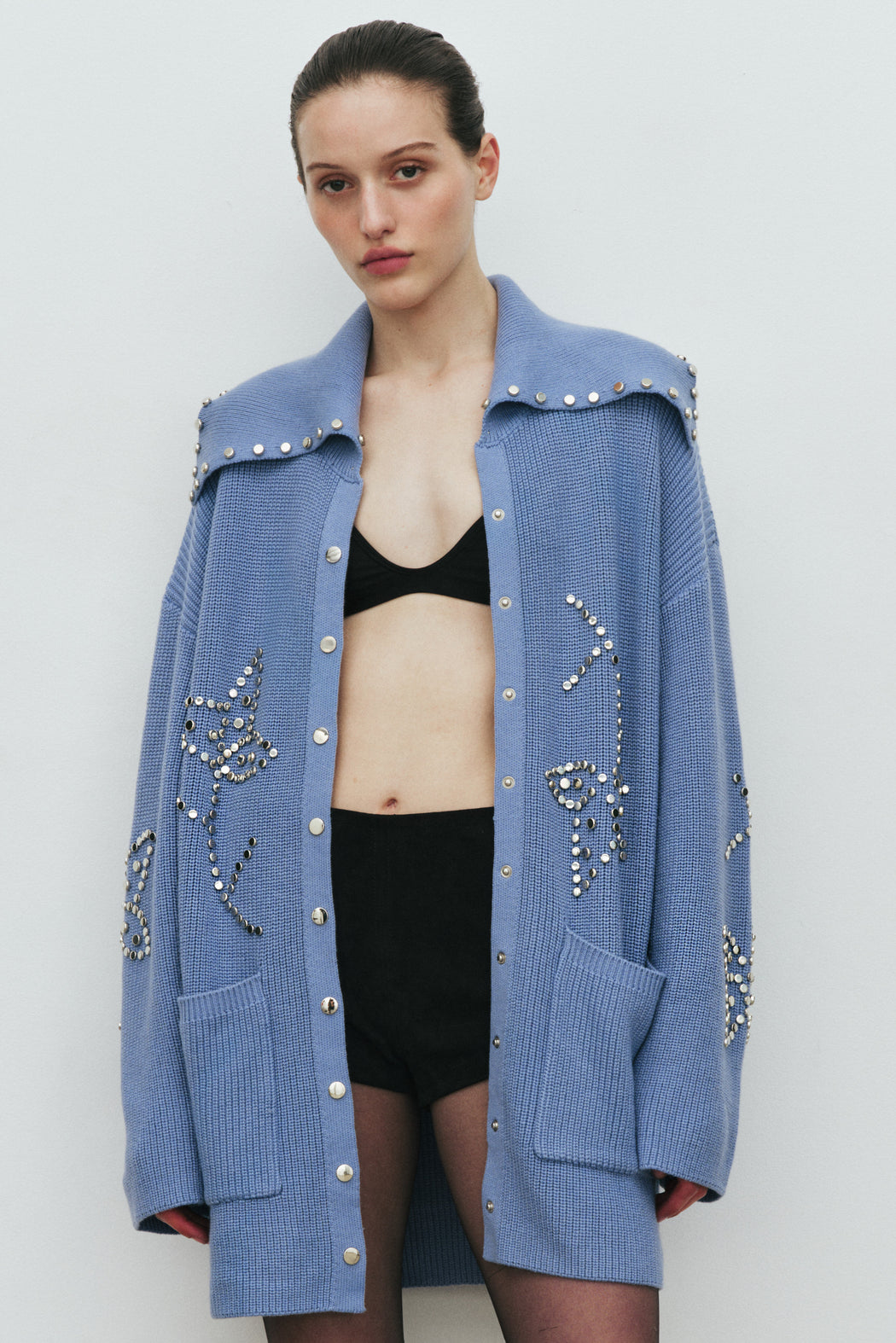 BLUE POSSIBILITIES STUDDED CARDIGAN