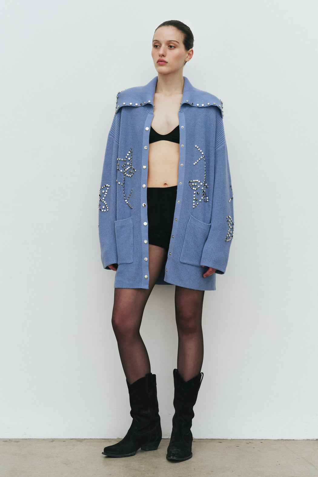 BLUE POSSIBILITIES STUDDED CARDIGAN