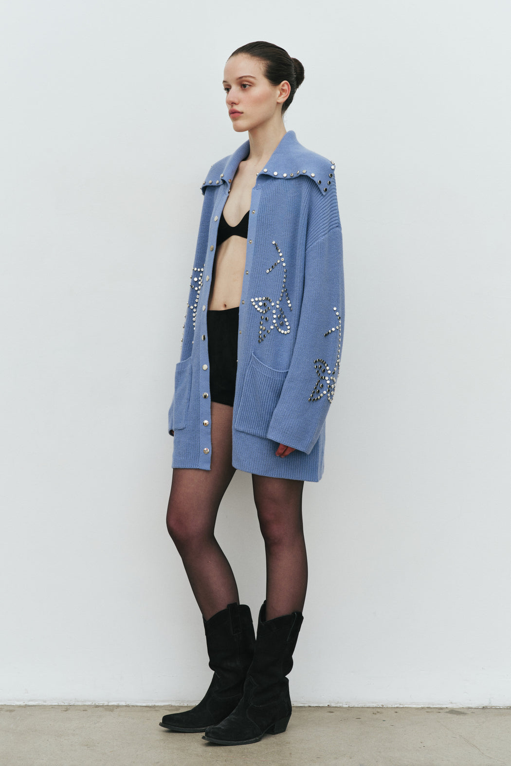 BLUE POSSIBILITIES STUDDED CARDIGAN