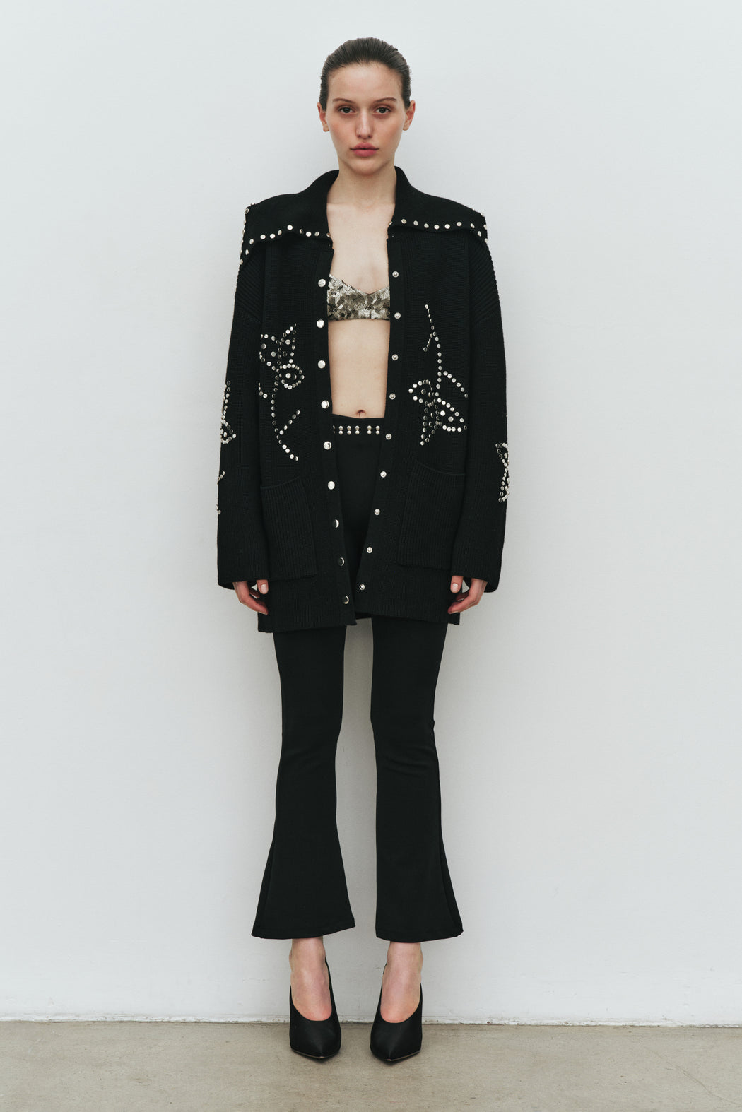 BLACK POSSIBILITIES STUDDED CARDIGAN