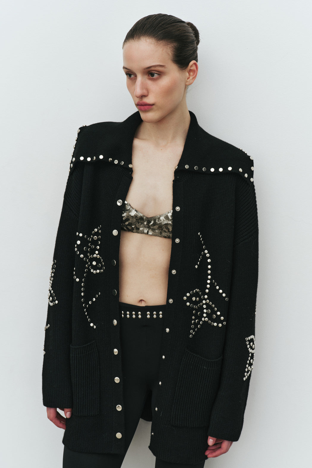 BLACK POSSIBILITIES STUDDED CARDIGAN