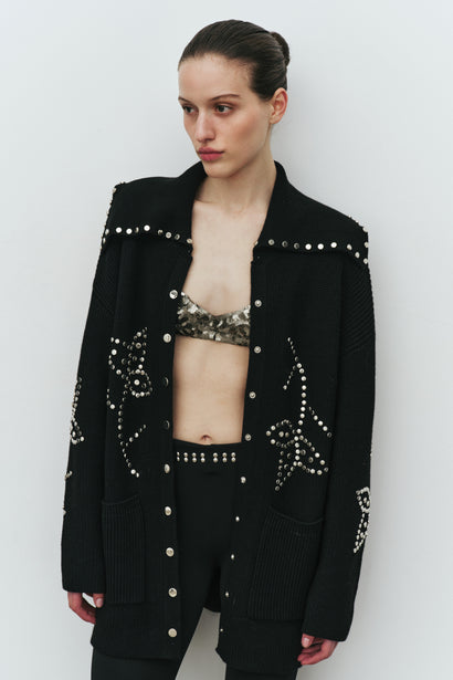 BLACK POSSIBILITIES STUDDED CARDIGAN