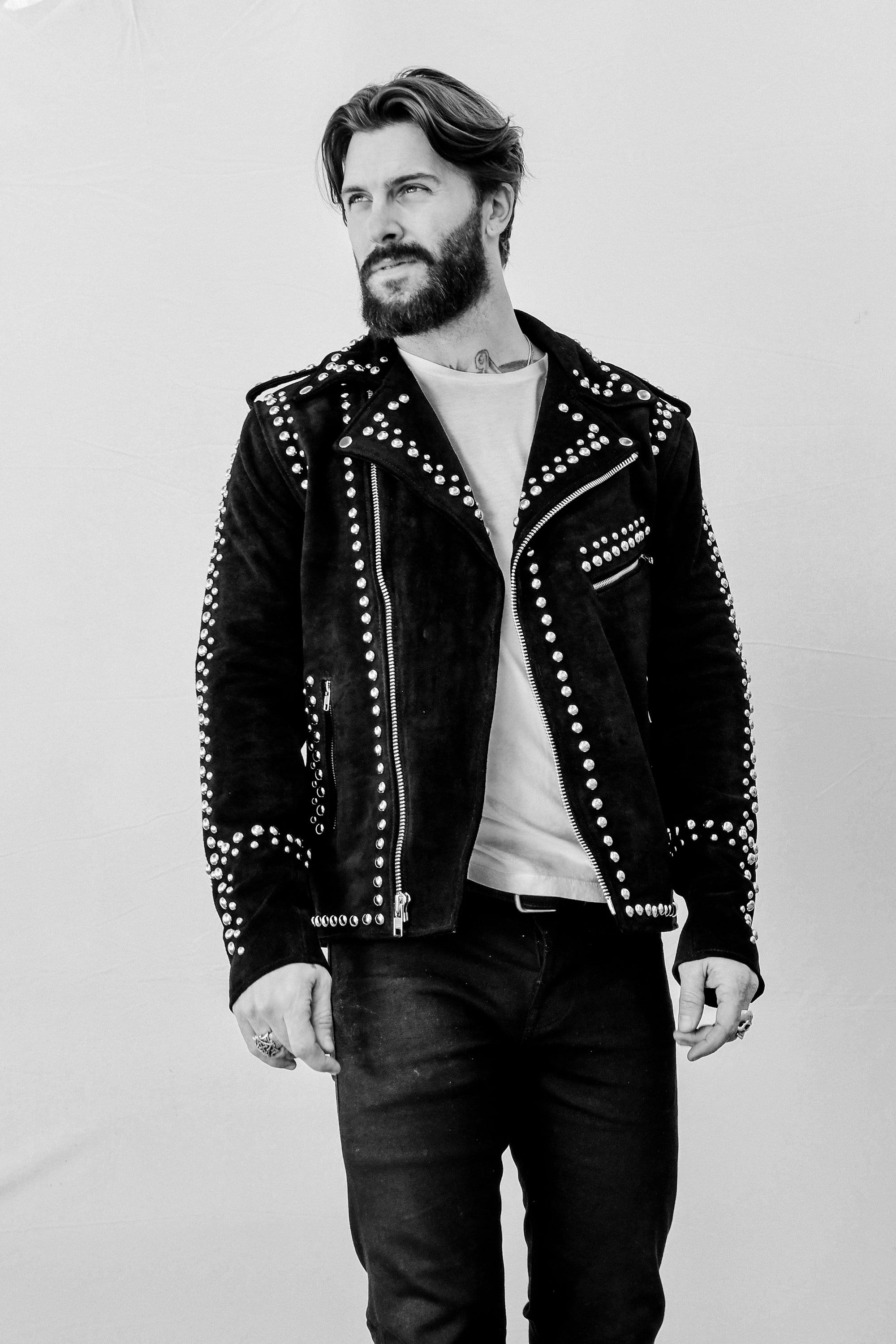 MENS BLACK STUDDED SUEDE EASY RIDER — Understated Leather